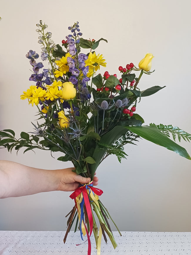 Queen's Colours, red, yellow blue Graduation Bouquet