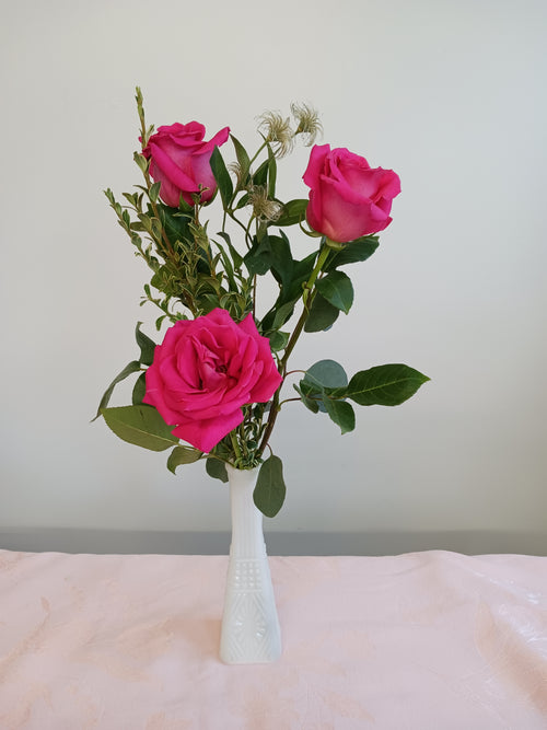 Florist's Best Roses in Milk Glass