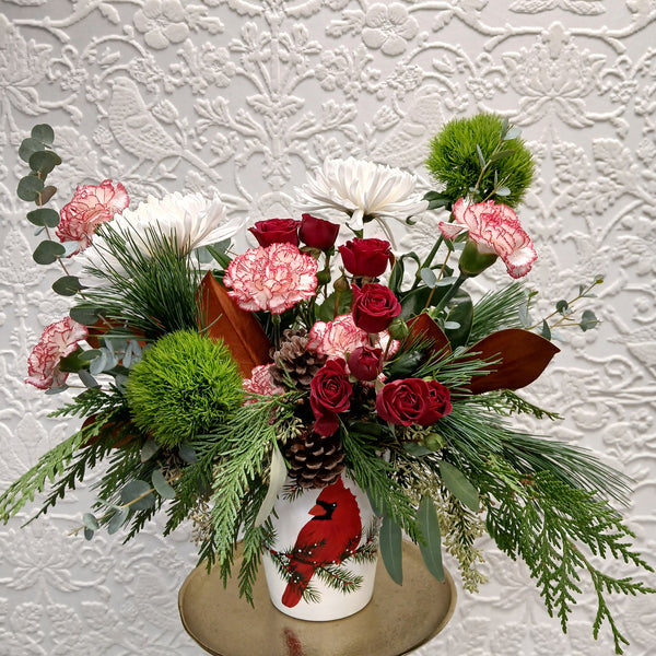 Hand Painted Cardinal Pot Festive Arrangement